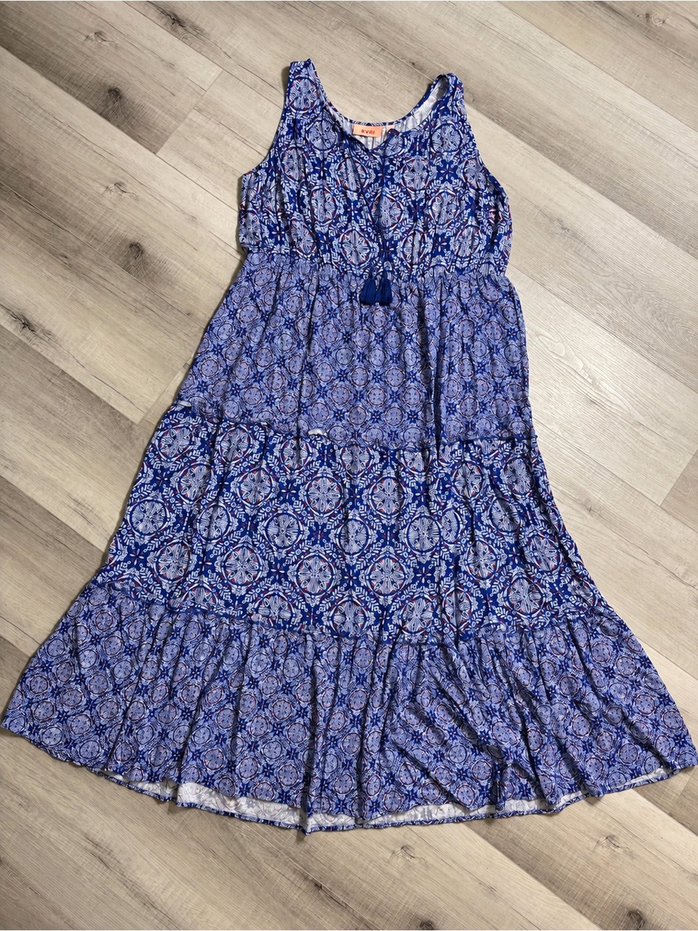EVRI Blue Boho Paisley Maxi Dress Sleeveless Tassel Waist 2X